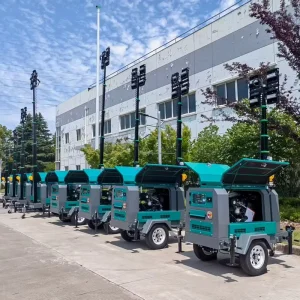 10kw Silent Diesel Generator 7m Foldable Mast LED Lights 350W Trailer Mounted Light Tower