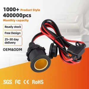 1m Car Cigarette Lighter Receptacle Female Connector 12/24V 15A Auto Power Socket Extension Cable with Fuse for Vehicle