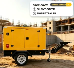 30kW 50kW Mobile Trailer Diesel Generator Silent Towable Generator Set for Emergency Backup Construction Off Grid Power Supply