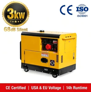 CE Certified 3kW 68dB Silent Diesel Generator DH3000 1/3 Phase 220V/380V 50/60Hz Air-Cooled 12V DC Electric Start USA EU Site