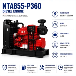 Electric Start 268kW 2100rpm 360hp Water Cooled NTA855-P360 Diesel Engine for Generator Set and Industrial Power