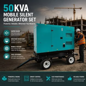 Four Wheels Trailer 50KVA Super Silent Diesel Generator 220V/380V 1500rpm Auto Start ATS for Construction Outdoor Emergency Use