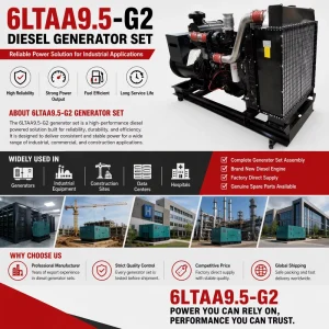 Genset Cummings 6LTAA9.5 G2 Engine with Radiator and Generator Set with A.C.BRUSHLESS SYNCHRONOUS GENERATOR