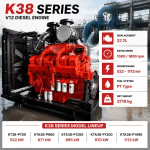 KTA38-P1000 Diesel Engine 746KW 1000HP 1800RPM V12 Water Cooled Motor for Heavy Duty Machine and Large Water Pump Station