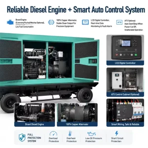 Mobile Trailer Super Silent Canopy 3 Phase Diesel Generator ATS Auto Start OEM Custom Factory Direct for Construction Site