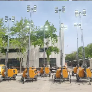 Portable 8kw 10kVA 9m Mast 4X400W LED Trailer Mounted Diesel Solar Mobile Light Tower Generator