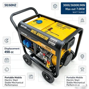 Portable Open Frame Diesel Generator 7.0KW 50 60HZ AC Single Phase Output 380 220 110V Original Generator