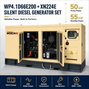 SCDC50SG W 50kW 50Hz Turbocharged Silent Diesel Generator Set Powered by SCDC WP4.1D66E200 Electric Start Silent Genset