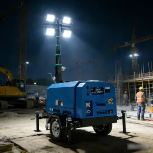 Silent Diesel Generators 9-15kW White LED Lights Mobile Light Tower 6-15m Mast IP67 Rated 360 Beam Angle Water Cooled 5000K